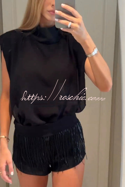 Solid Color Sleeveless Stand-up Collar Top and Casual Fringed Shorts Set