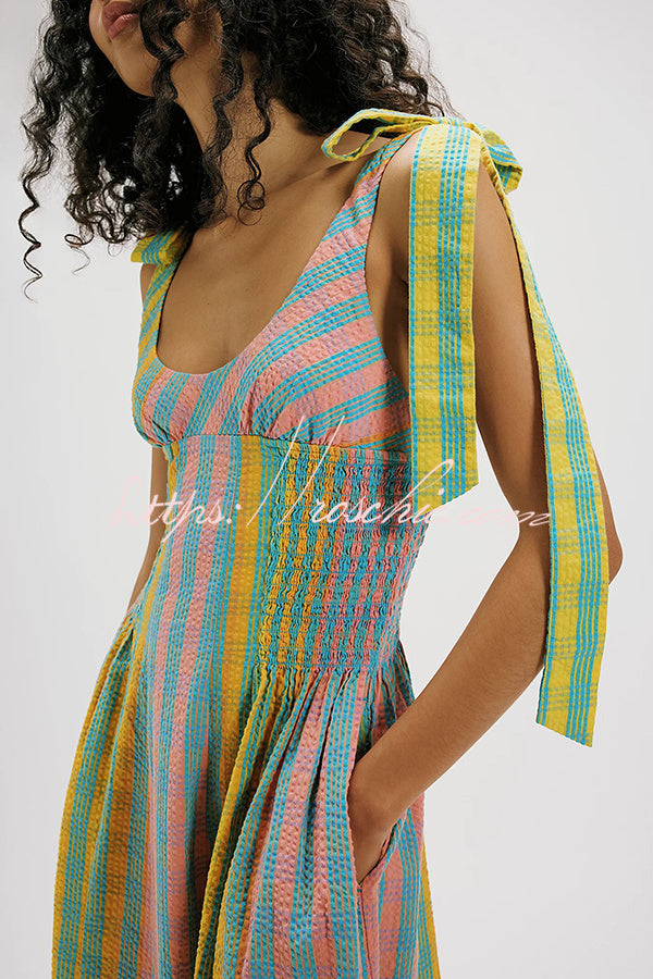Sweet Colorful Plaid Scoop Neckline Adjustable Shoulder Ties Pocket Midi Dress