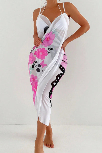 Fashionable Color-blocked Butterfly Print Sheer Cover-up Midi Dress