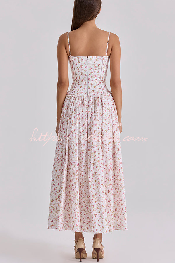 Romantic Countryside Stretch Cotton Blend Floral Print Cutout Trim Slip Midi Dress