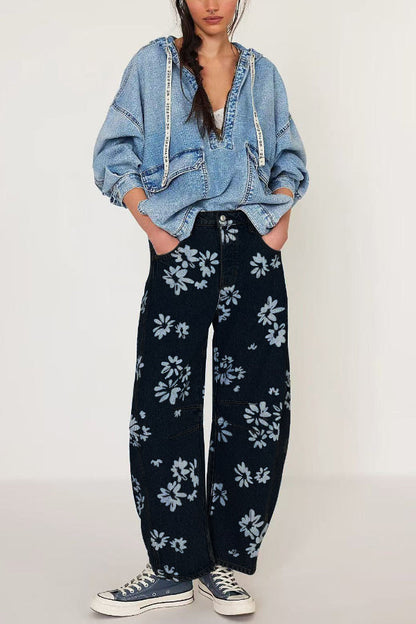 Fashionable Printed Casual Loose Mid-rise Pocket Leg Jeans
