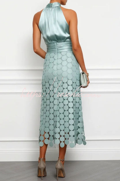 Janice Satin Ruched Halter Neck Sleeveless Embroidered Polka Dot Hem Midi Dress（Buy 2 Get Free Shipping)