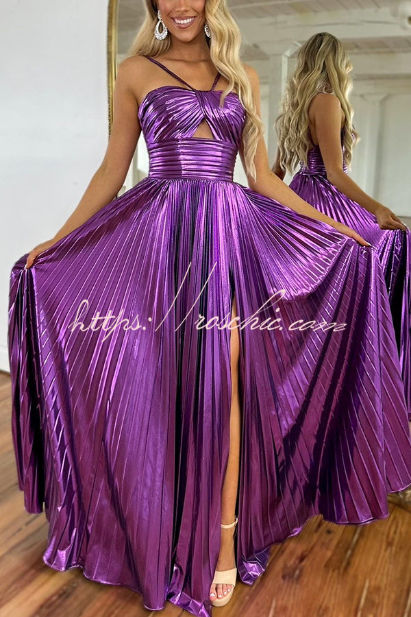 Queen Style Metallic Fabric Cross Neck Cutout Slit Pleated Maxi Dress (Shipped Within 24 Hours)
