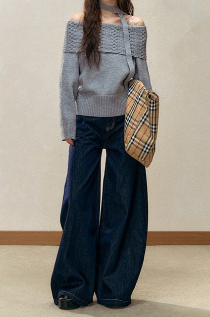 Off-the-shoulder Fitted Cable Knit Blouse