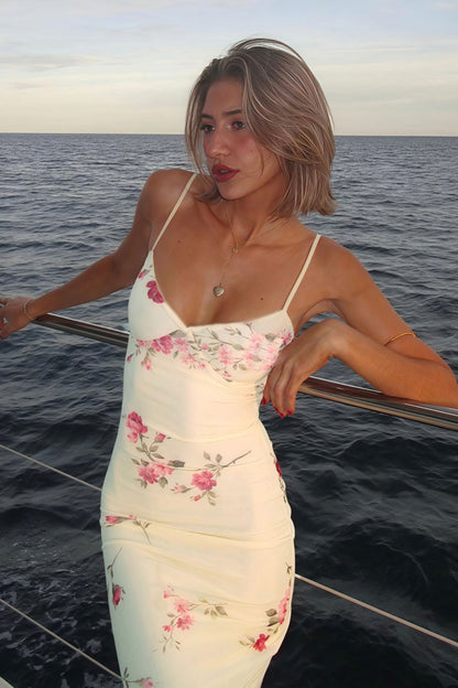 Vestido largo sexy con estampado, cuello en V, tirantes finos y espalda descubierta