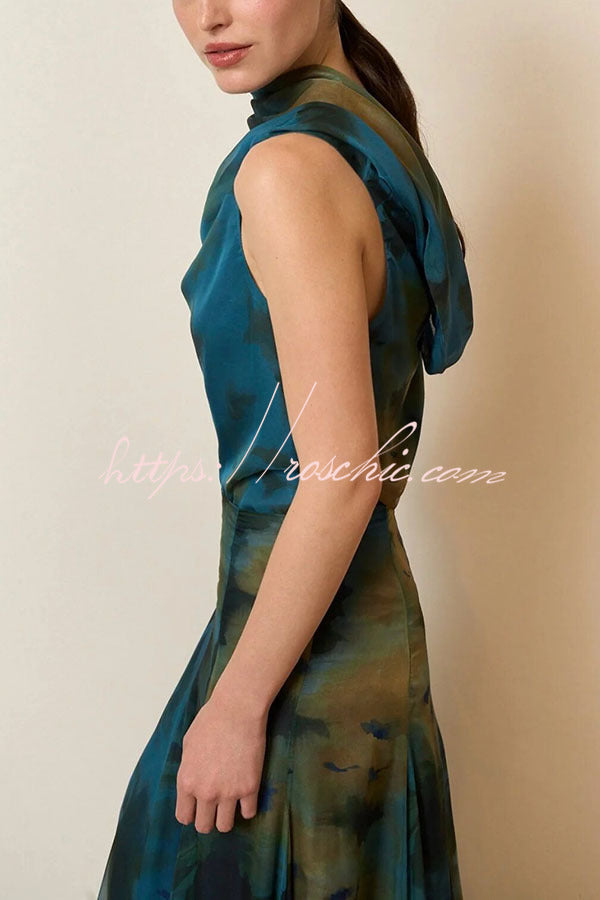 Ione Chiffon Ombré Print Cowl Neck Top and High Rise Maxi Skirt Set with Scarf