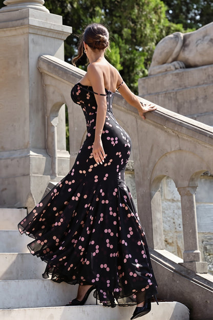 Vestido largo de sirena con estampado floral, tirantes finos y abertura