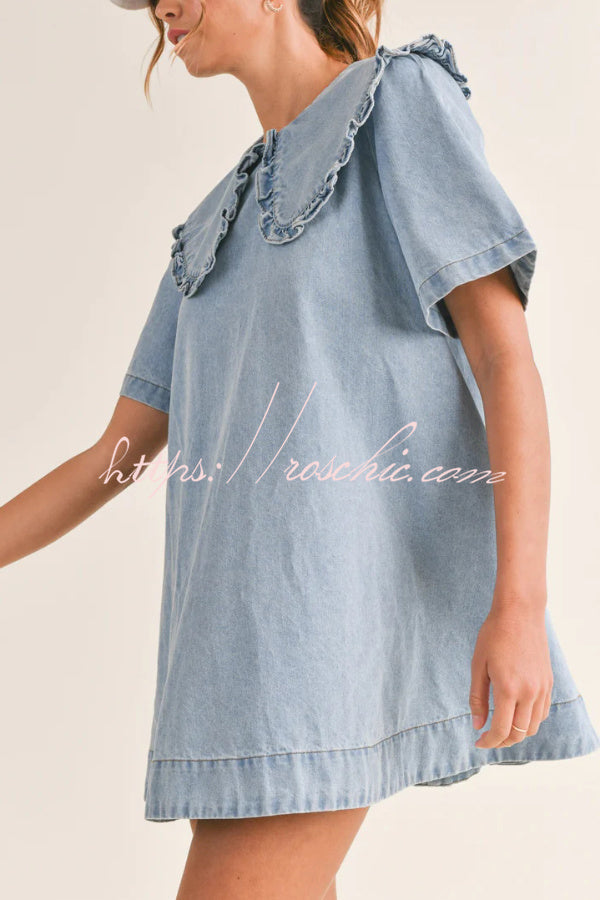 Solid Color Loose Short-sleeved Casual Ruffled Denim Mini Dress