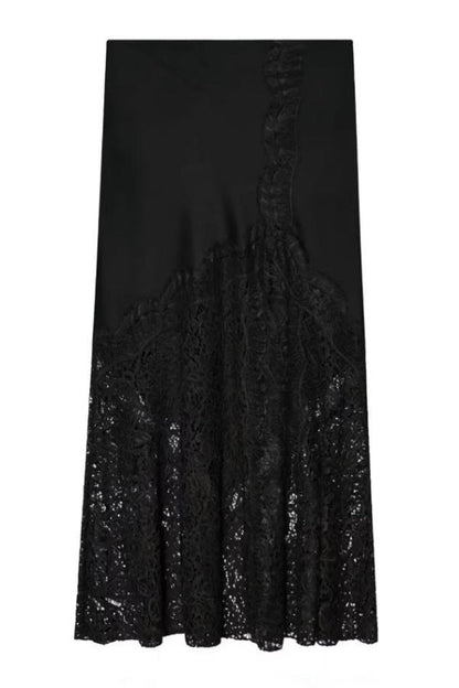 Solid Color Silk Satin and Lace Spliced elegant Maxi Skirt