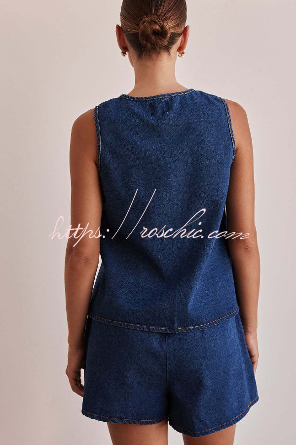 Stylish Sleeveless Round Neck Tie-up Casual Denim Vest