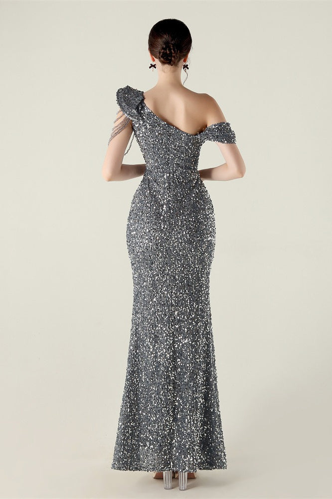 Vestido de fiesta formal con volante y un solo hombro drapeado