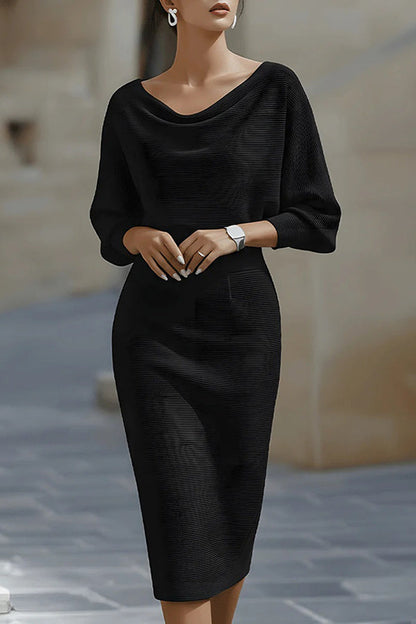 Solid Color Batwing Sleeve Fitted Waist Elegant Midi Dress