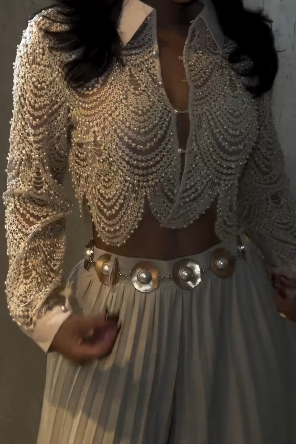 Embroidered Lace Beaded Long Sleeve Top