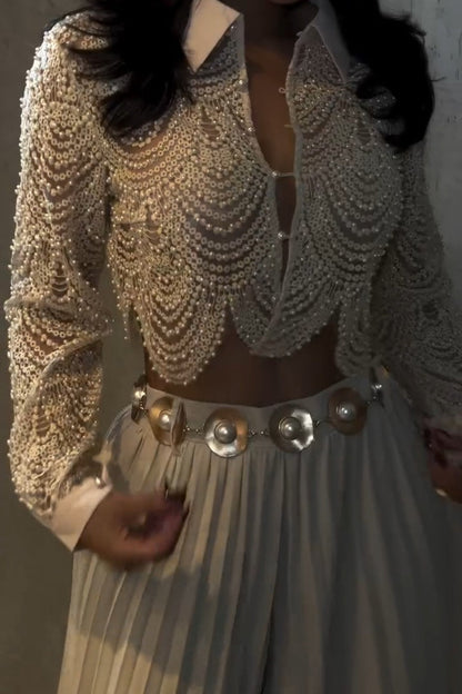 Embroidered Lace Beaded Long Sleeve Top