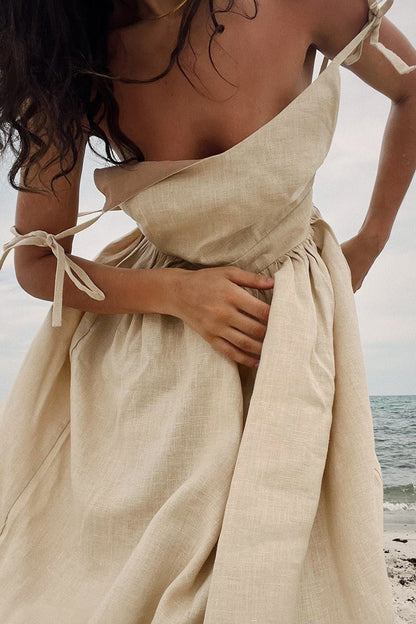 Vestido Midi Elegante de Algodón con Tirantes Finos Escote en V y Espalda Descubierta Anudada