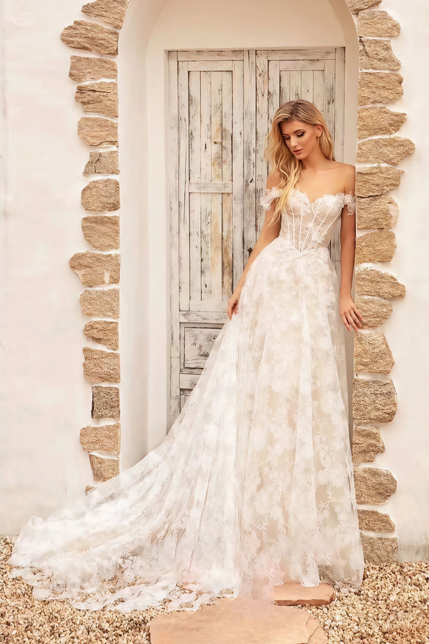 Vestido de novia con apliques de encaje, escote Bardot y corsé