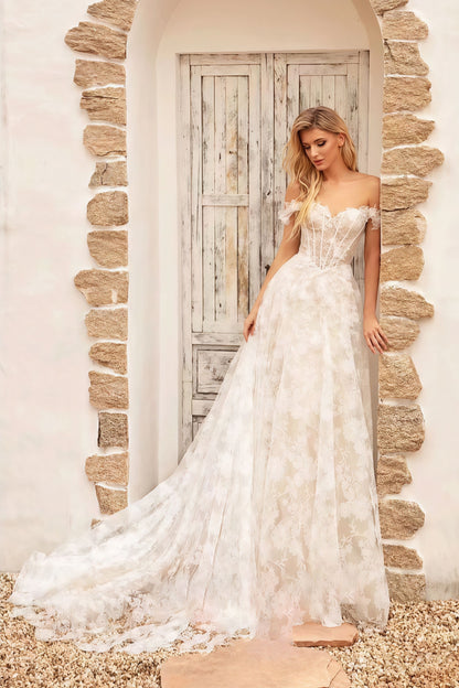 Vestido de novia con apliques de encaje, escote Bardot y corsé