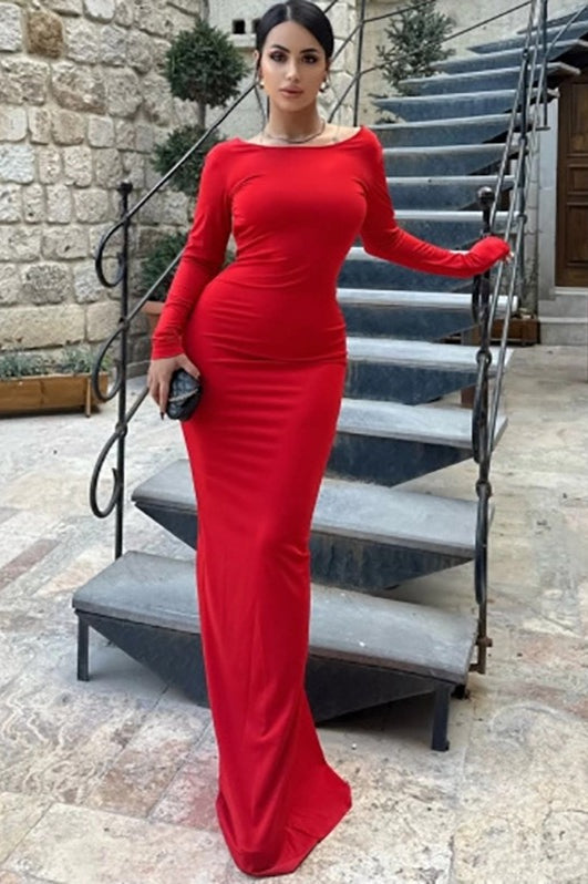 Vestido Formal Ajustado sin Espalda de Manga Larga