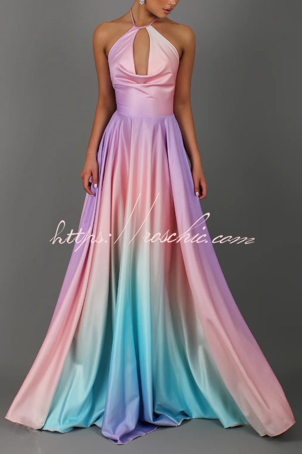Fashionable Gradient Halter Neck Backless Tie-up Elegant Full Hem Maxi Dress