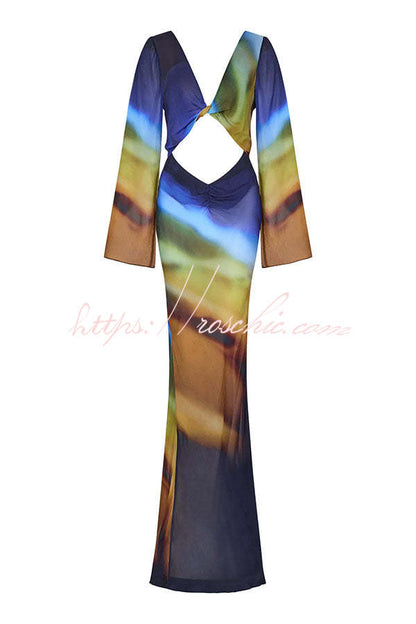 Medellin Neon Print Cowl Neck Twist Detail Long Sleeve Vacation Maxi Dress