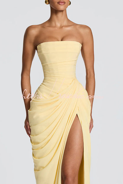 Cyra Back Lace-up Asymmetrical Pleats Strapless Slit Maxi Dress（Buy 2 Get Free Shipping）