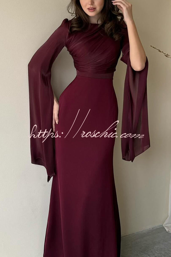 Liora Ruched Organza and Satin Patchwork Design Long Bell Slit Sleeve Maxi Dress