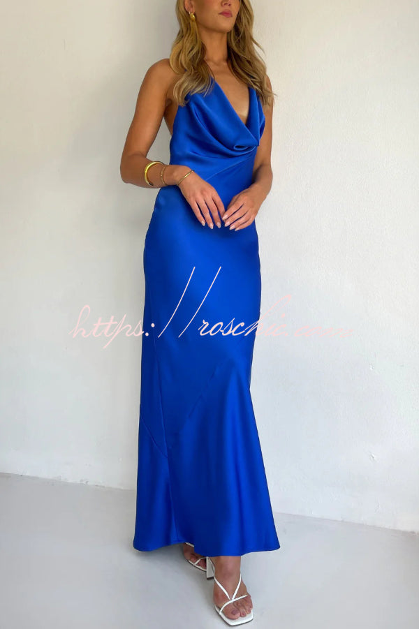 Solid Color Halter Neck Tie Backless Slim Fit Drape Maxi Dress