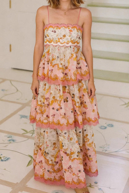 Daylight Unique Print Cutout Waist Back Lace-up Tiered Hem Maxi Dress