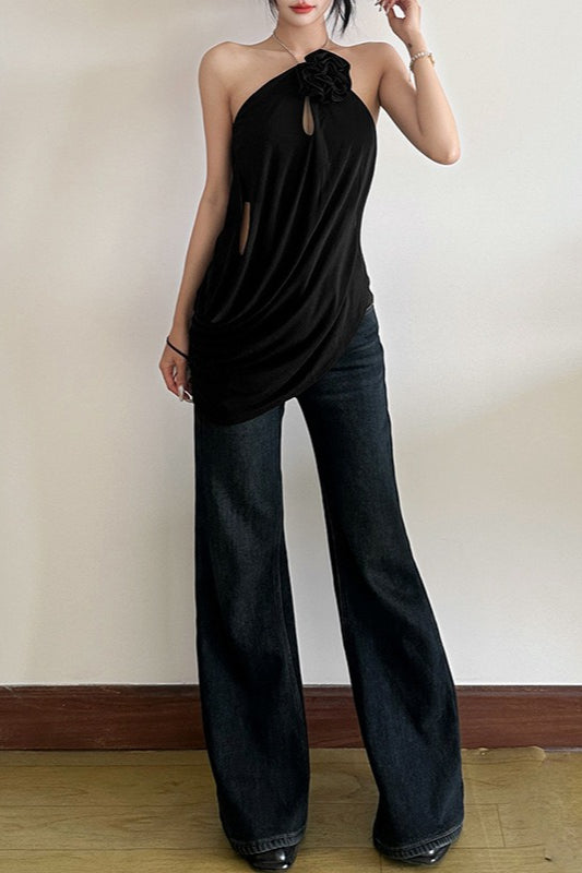 Blusa sólida, suelta, fluida, con cuello halter y sin espalda