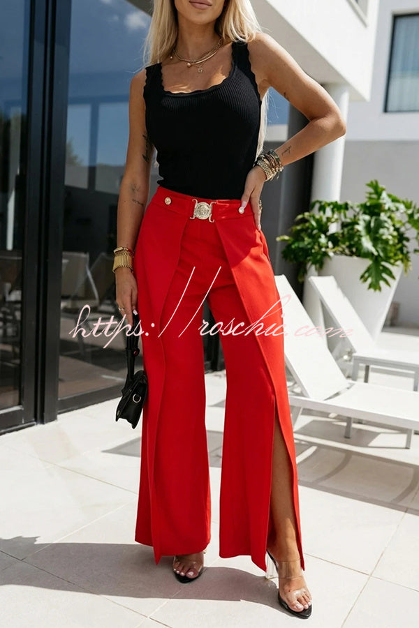 Mezcal High Rise Metal Buckle Elastic Waist Belt Slit Wide Leg Pants