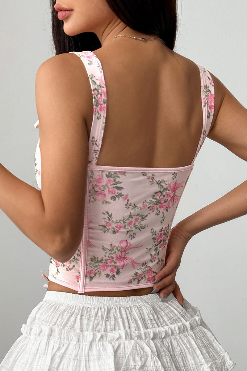 Top corto con estampado floral, varillas, lazo cruzado y lazada