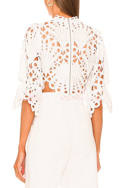 Fiji Embroidered Cutout Scallop Pattern High Neck Half Puff Sleeve Crop Top