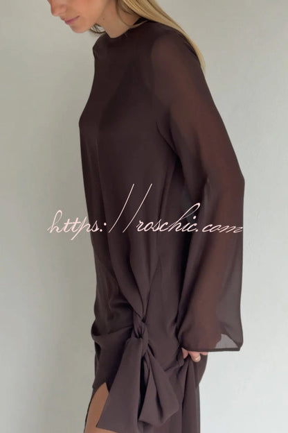 Fashionable Mesh See-through Round Neck Long Sleeve Tie Bow Slit Maxi Dress