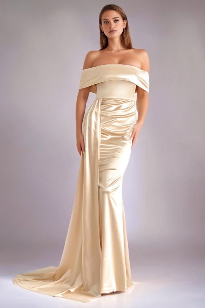 Solid Satin Off-Shoulder High-Waist Mermaid Silk Dress