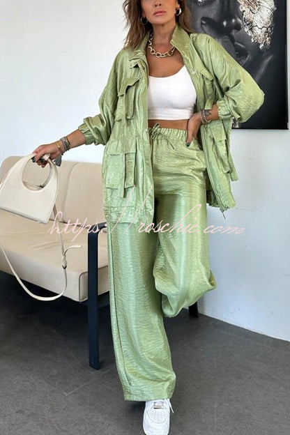 Easy on Me Metallic Fabric Elastic Waist Pocketed Wide Leg Pants (Shipped Within 24 Hours)