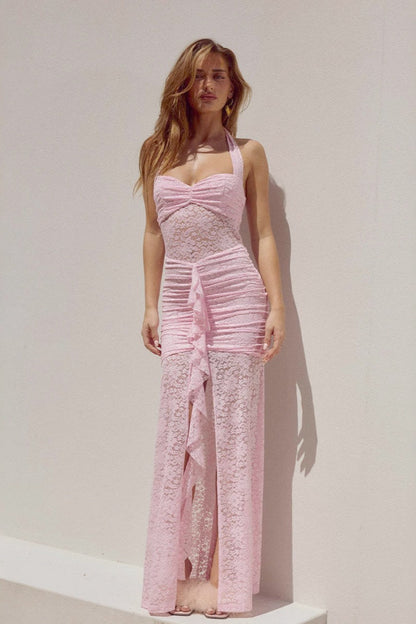 Vestido largo ajustado halter sin espalda con aberturas y encaje transparente