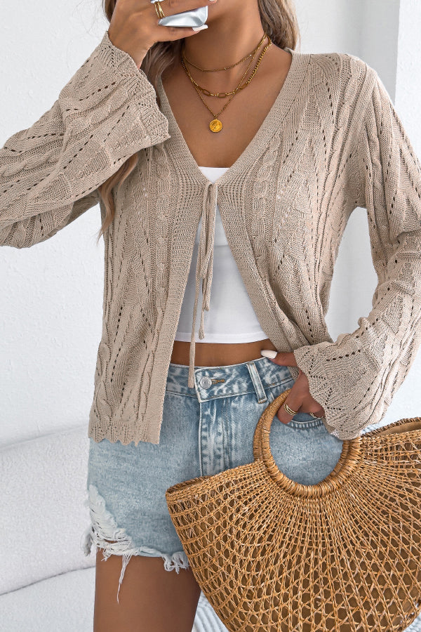 Solid Color Loose V-neck Long-sleeved Vacation Knit Cardigan