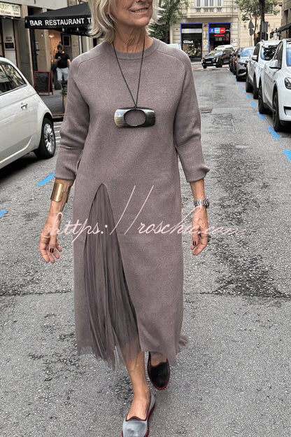 Jollie Knit Long Sleeve Front Slit Midi Sweater and Pleated Tulle Stretch Tank Midi Dress Two-piece