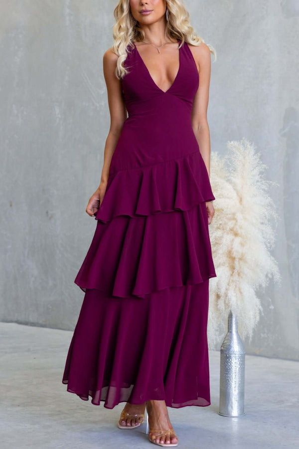 Solid Color V-neck Sleeveless Elegant Layered Maxi Dress