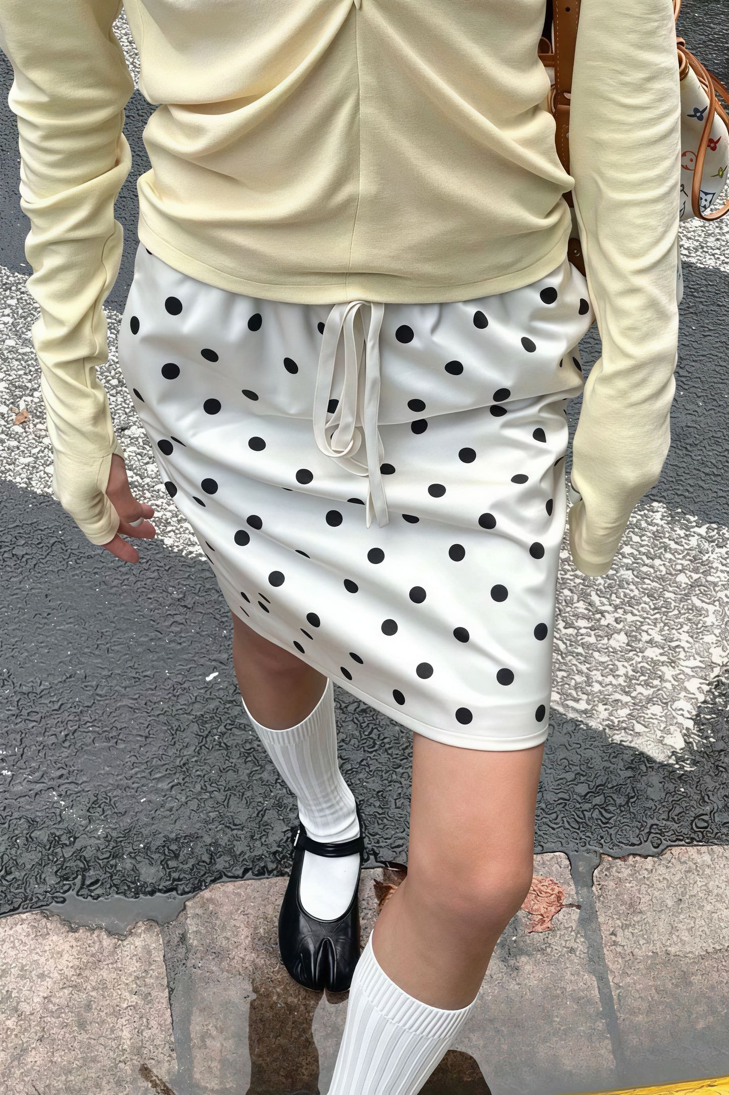 Vintage Satin Polka Dot Drawstring Midi Skirt