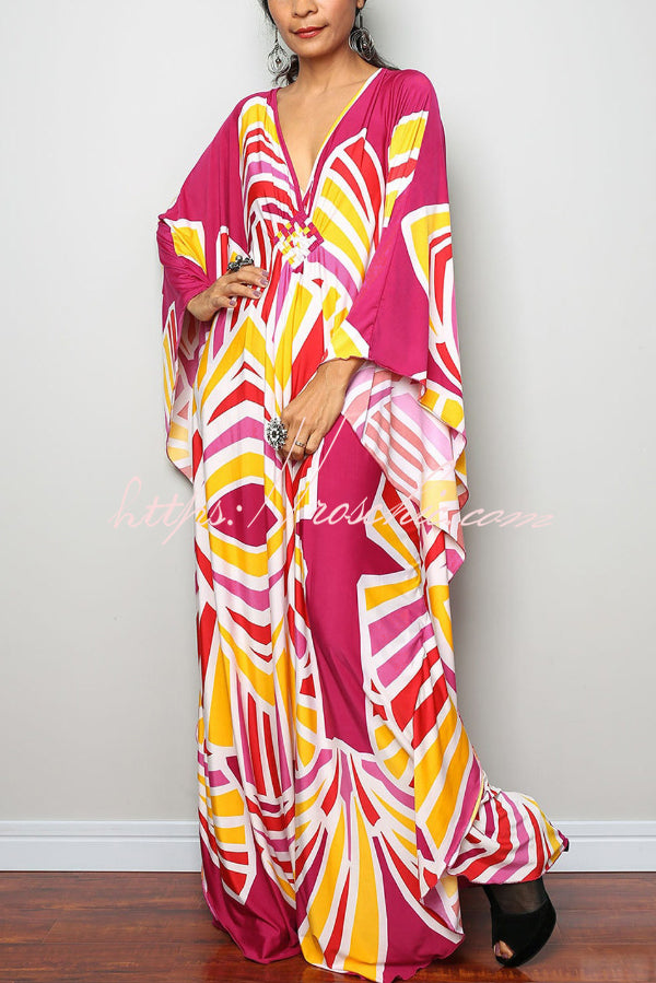 Unique Print Loose V-Neck Batwing Sleeve Casual Maxi Dress