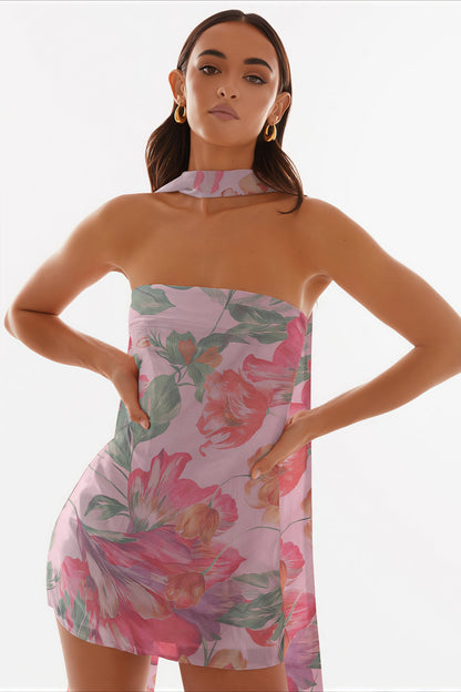 Mini Vestido Ajustado de Chifón Estampado sin Tirantes Sensual para Discoteca