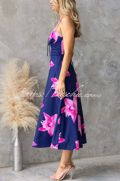 Floral Print Spaghetti Strap Backless Tie-up Elegant Slim-fit Midi Dress