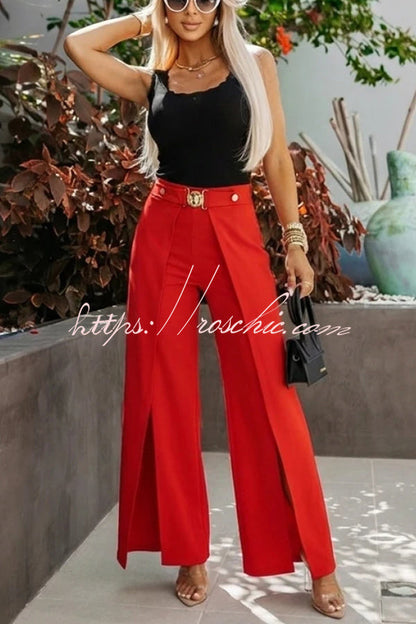 Mezcal High Rise Metal Buckle Elastic Waist Belt Slit Wide Leg Pants