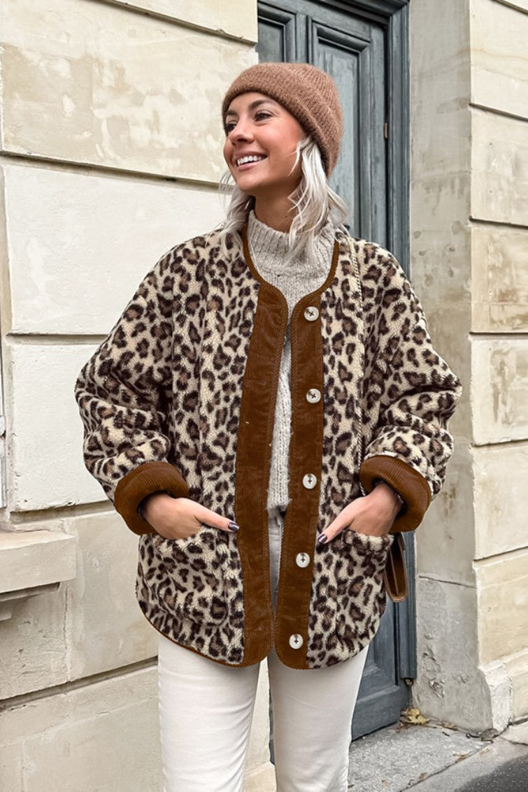 Leopard Print Fleece Sherpa Panel Crew Neck Warm Jacket
