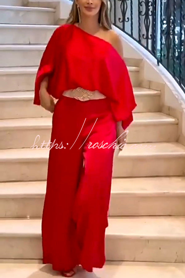 Elegant Rose Print Long Sleeve Belted Wide Leg Pants Suit