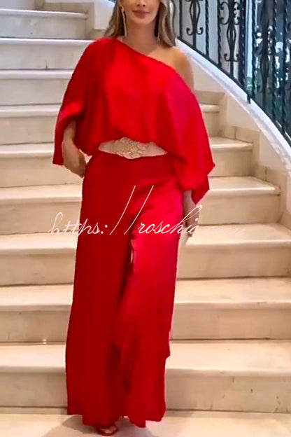 Elegant Rose Print Long Sleeve Belted Wide Leg Pants Suit
