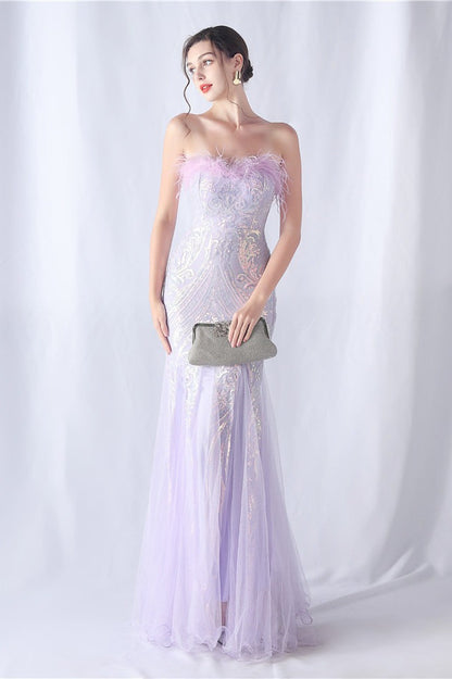 Vestido de Noche con Lentejuelas y Plumas de Avestruz