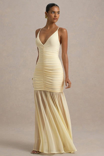 Sheer Plunge Ruffle Slip Dress