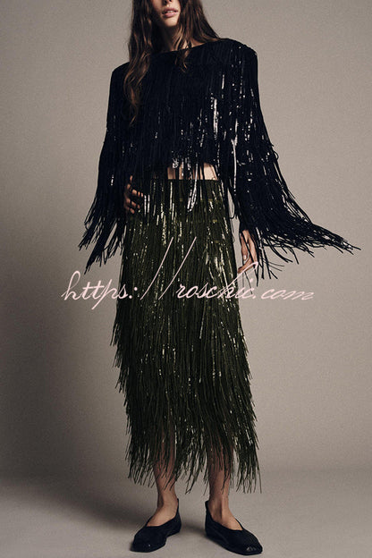 Party Crasher Layered Sequined Tassels High Rise Back Zipper Midi Skirt (Shipped Within 24 Hours)